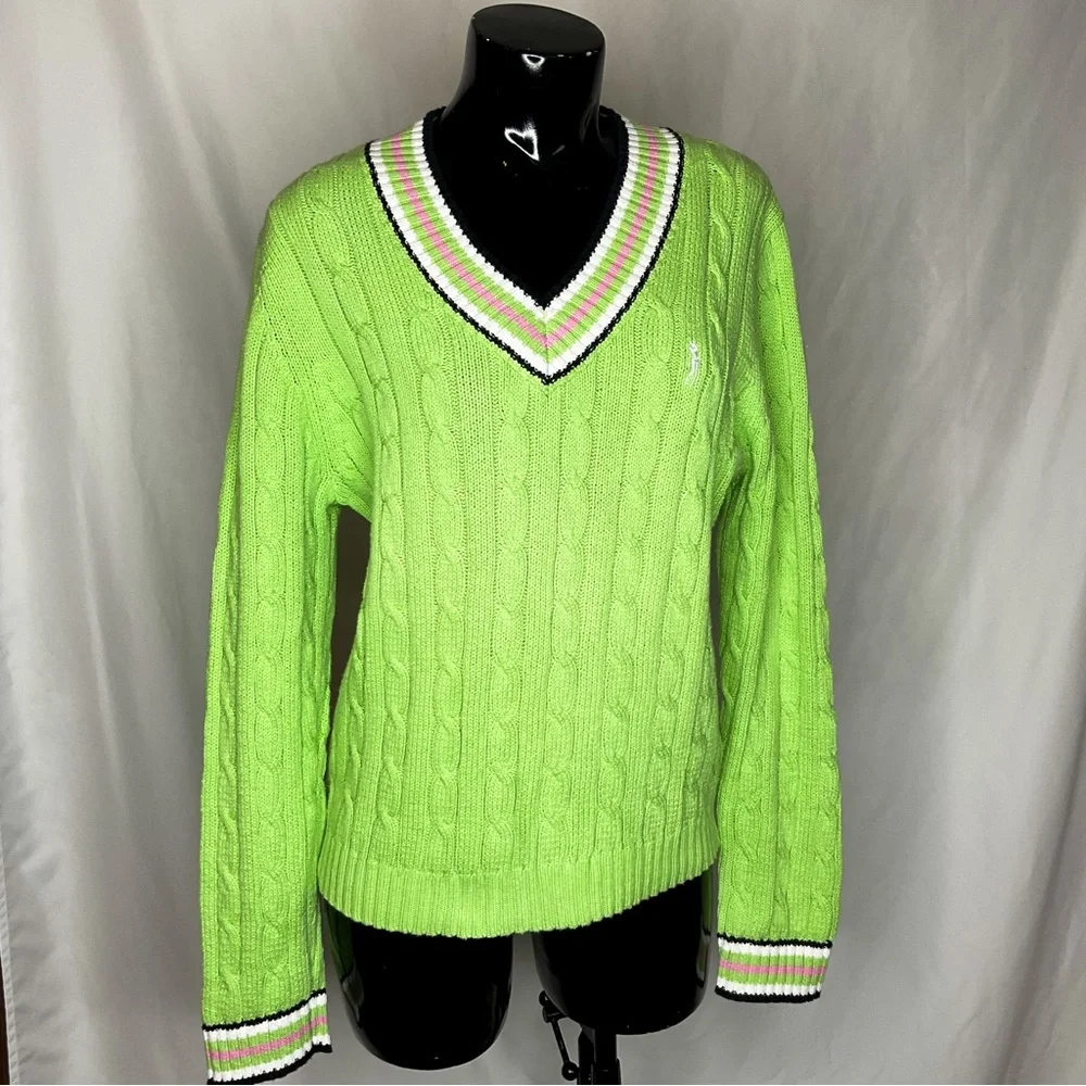 VINTAGE Preppy Lime Green Cable-Knit V-Neck Sweater with Striped Trim - Picture 5 of 11
